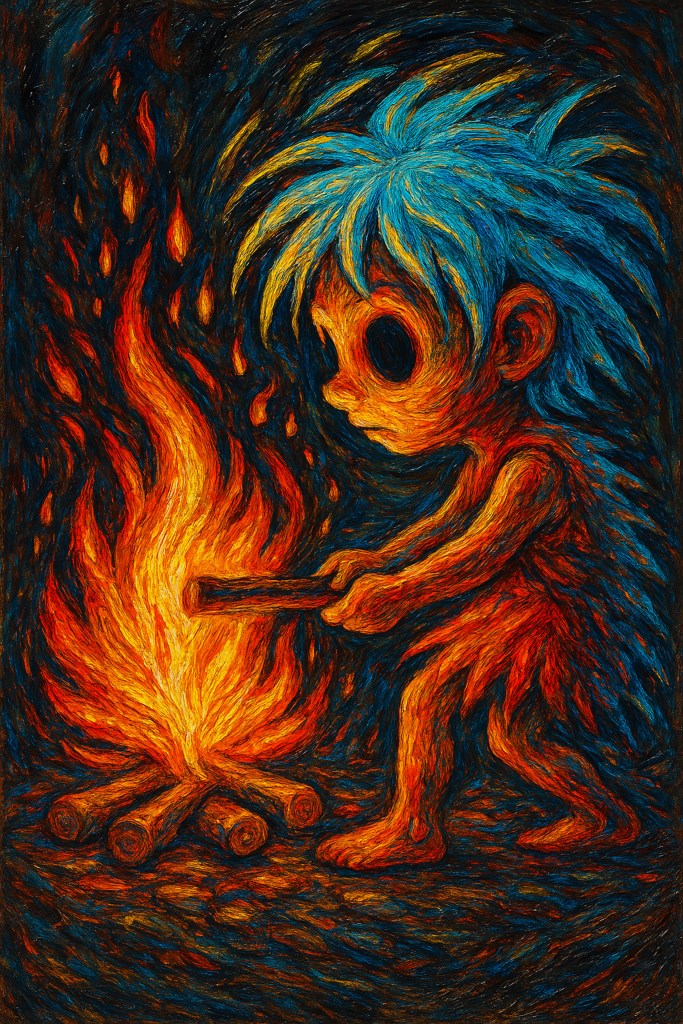 A boy lights fire and sparkes imagination.